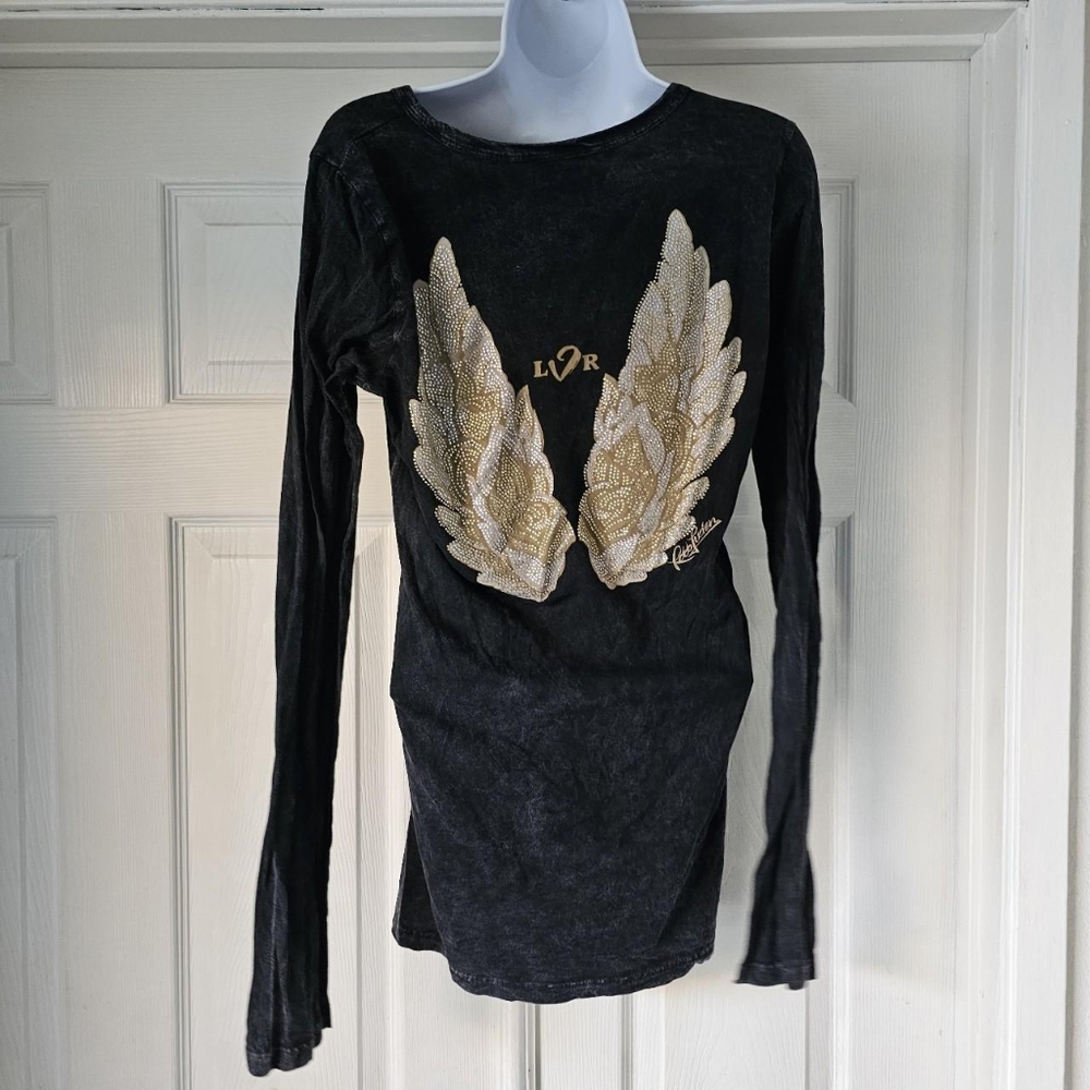 Y2K vintage grey black wash with gold angel wings long sleeveSize large - Picture 2 of 5